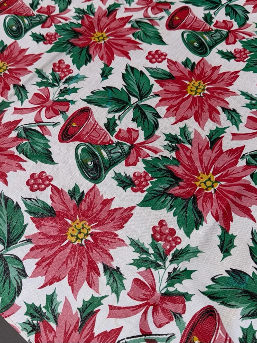 Vintage 1960s vinyl flannel back Christmas tablecloth rectangle 65x51” retro MCM
